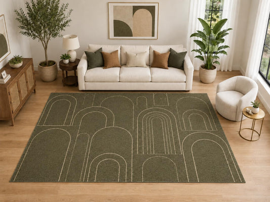 ICE ARMOR Large 6'7" x 9'10" Art Deco Layered Arch Area Rug for for Bedroom, Living Room, Soft Low Pile Indoor Rug with Non-Slip Silicone Backing, Olive Beige