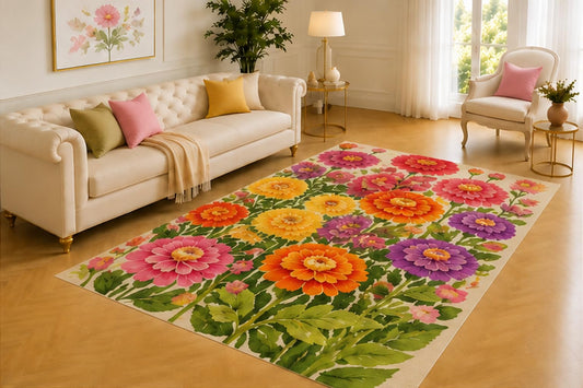 ICE ARMOR 5' x 7' Colorful Zinnia Rug, Layered Pink, Orange, Yellow and Purple Flowers with Green Foliage, Joyful Floor Decor for Bedroom or Sunny Sunroom