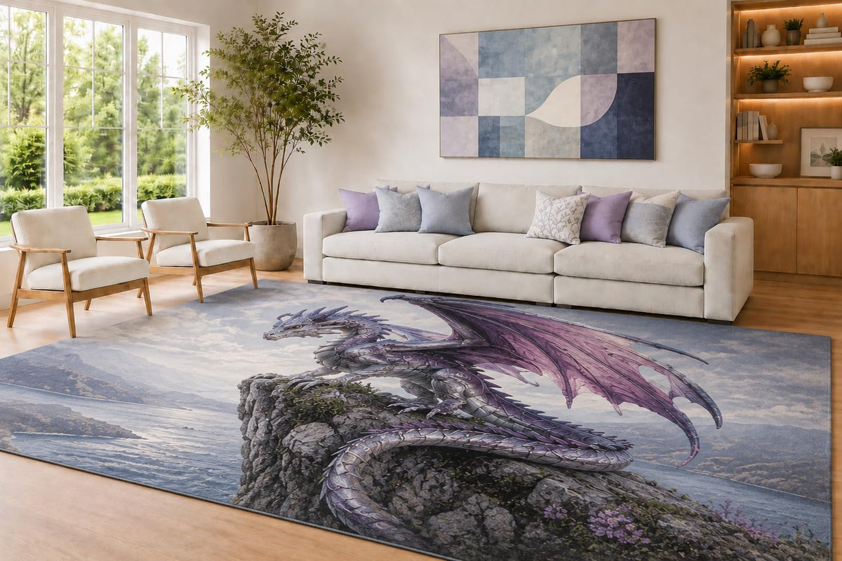 ICE ARMOR Large 6'7" x 9'10" Lavender and Silver Cliff Dragon Area Rug for Living Room, Soft Low Pile Carpet with Non-Slip Silicone Backing, Decor for Bedroom and Home Office