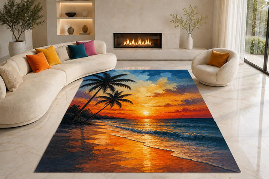 ICE ARMOR "Ultra Lightweight Large 6'7" x 9'10" Tropical Palm Glow Area Rug for Living Room, Bedroom and Home Office, Soft Low Pile Carpet with Non-Slip Silicone Backing, Orange and Blue
