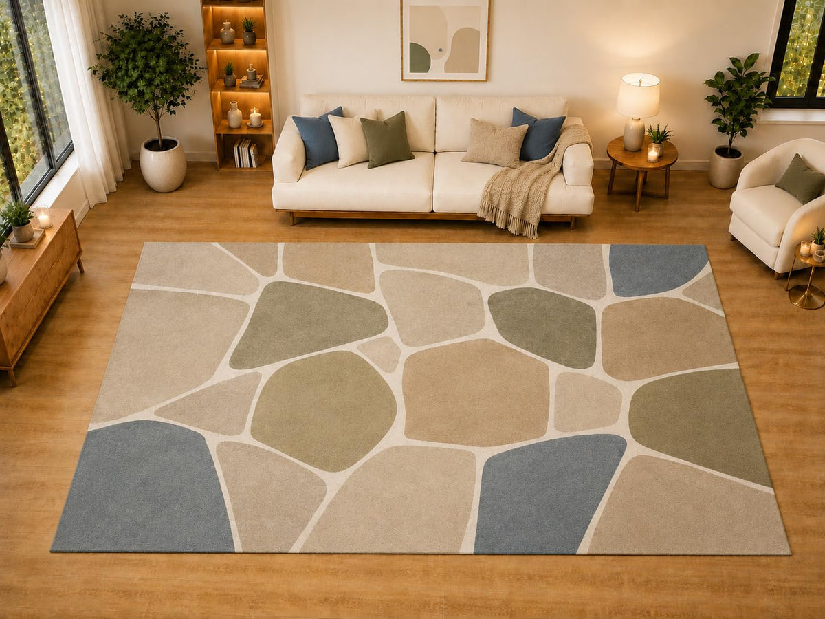 ICE ARMOR "Ultra Light Weight Large 6'7" x 9'10" Modern Organic Pebble Area Rug for Living Room, Bedroom, Dining Room, Soft Low Pile Non-Slip Backing, Beige Sage Blue