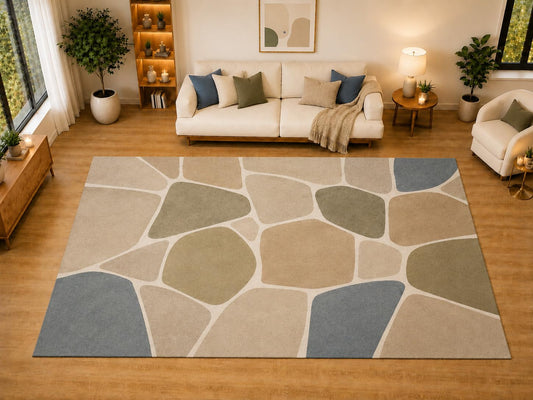 ICE ARMOR "Ultra Light Weight Large 6'7" x 9'10" Modern Organic Pebble Area Rug for Living Room, Bedroom, Dining Room, Soft Low Pile Non-Slip Backing, Beige Sage Blue