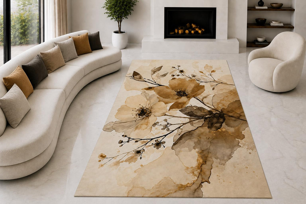 ICE ARMOR "Ultra Lightweight Large 6'7" x 9'10" Ink Flower Branch Area Rug for Living Room, Bedroom and Home Office, Soft Low Pile Carpet with Non-Slip Silicone Backing, Brown and Cream