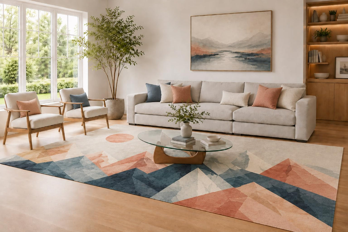 ICE ARMOR Large 6'7" x 9'10" Terracotta and Navy Geometric Peaks Area Rug for Living Room, Soft Low Pile Carpet with Non-Slip Silicone Backing, Decor for Bedroom and Home Office