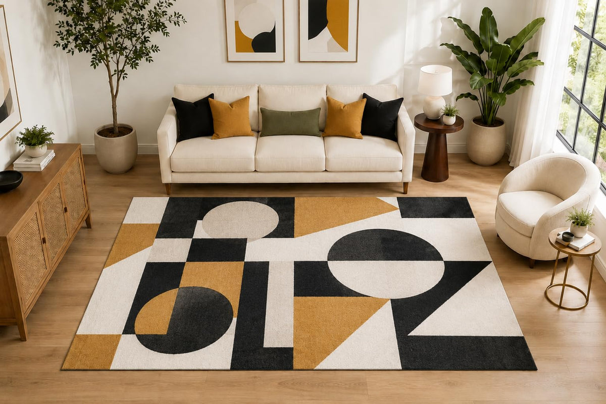 ICE ARMOR Large 6'7" x 9'10" Bauhaus Geometric Shapes Area Rug for for Bedroom, Living Room, Soft Low Pile Indoor Rug with Non-Slip Silicone Backing, Mustard Black Ivory