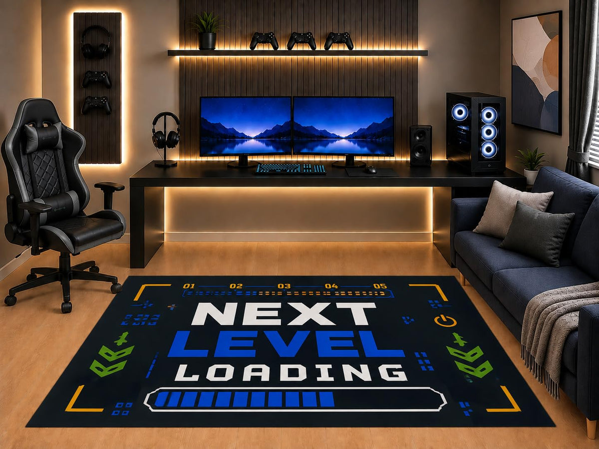 ICE ARMOR "Ultra Light Weight 5' x 7' Gamer Area Rug Next Level Loading Typography Arcade Gaming Art for Boys Teen Bedroom Game Room Playroom Non-Slip Silicone Backing Low Pile