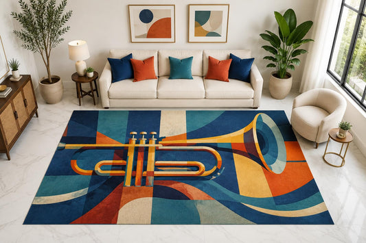 ICE ARMOR "Ultra Light Weight Large 6'7" x 9'10" Trumpet Geometric Rug, Soft Low Pile Indoor Rug, Non-Slip Silicone Backing for Living Room Blue