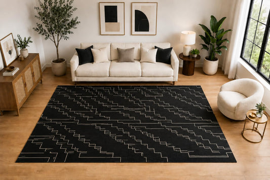 ICE ARMOR Large 6'7" x 9'10" Abstract Stepped Line Area Rug for for Bedroom, Living Room, Soft Low Pile Indoor Rug with Non-Slip Silicone Backing, Black Ivory