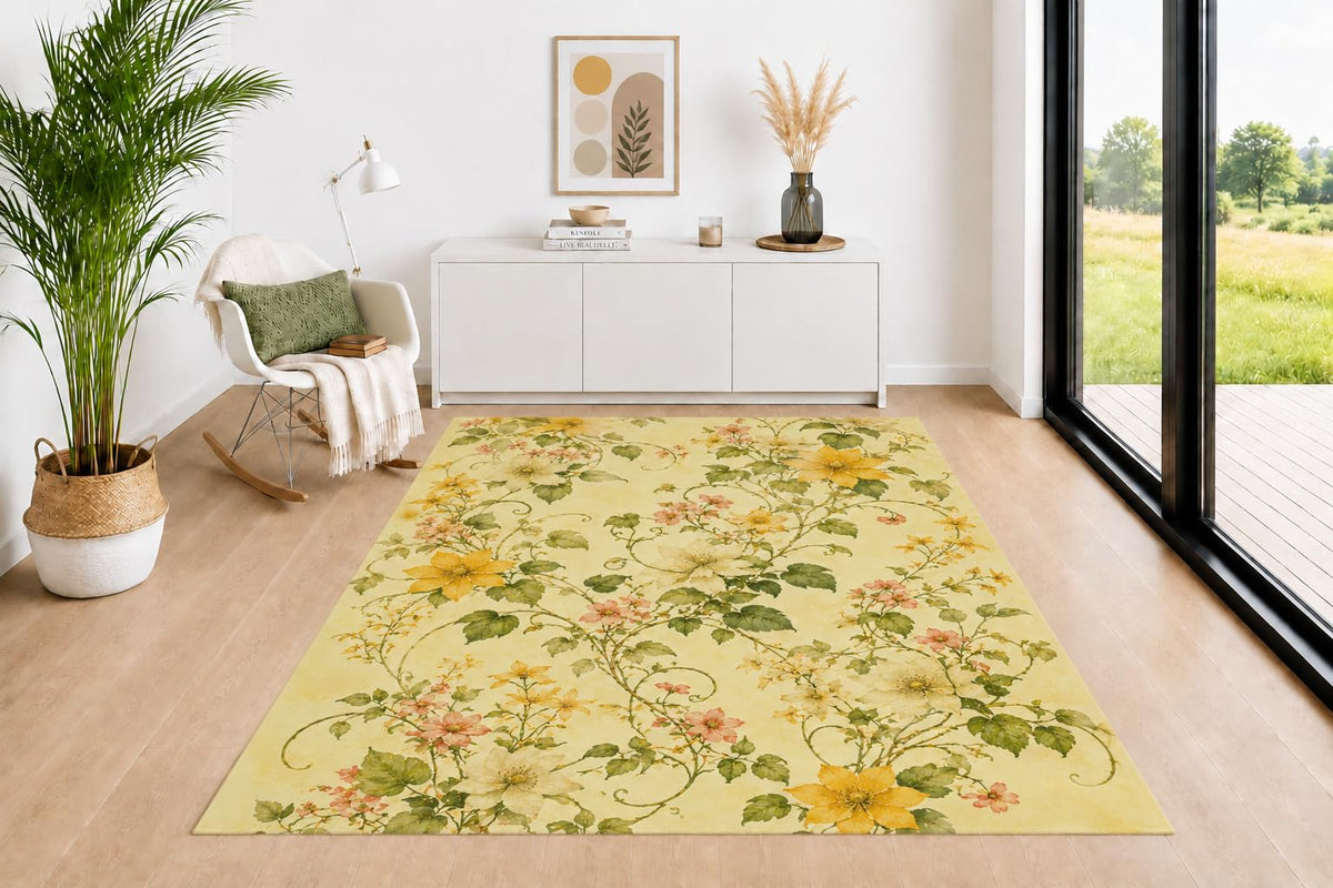 ICE ARMOR 5' x 7' Wildflower Vine Area Rug for Living Room, Soft Low Pile Indoor Rug with Non-Slip Backing, Botanical Carpet for Bedroom, Dining Room, Office, Yellow Pink