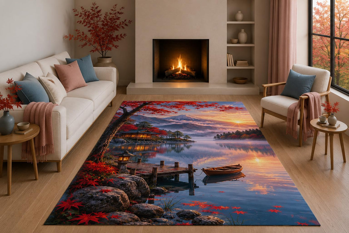 ICE ARMOR 5' x 7' Japanese Autumn Lake Landscape Area Rug with Non-Slip Silicone Backing Low Pile Soft Carpet for Living Room Bedroom Scenic Nature Decor