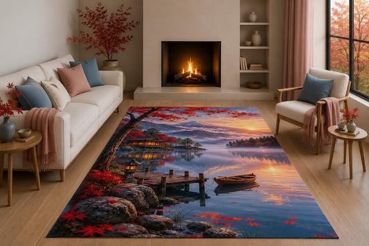 ICE ARMOR 5' x 7' Japanese Autumn Lake Landscape Area Rug with Non-Slip Silicone Backing Low Pile Soft Carpet for Living Room Bedroom Scenic Nature Decor