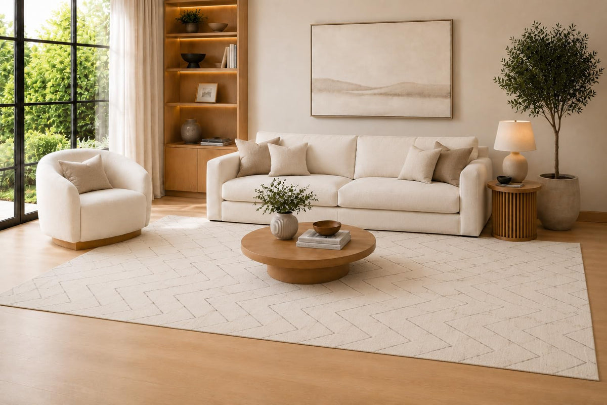 ICE ARMOR Large 6'7" x 9'10" Ivory and Taupe Faded Chevron Area Rug for Living Room, Soft Low Pile Carpet with Non-Slip Silicone Backing, Decor for Bedroom, Dining Area and Home Office