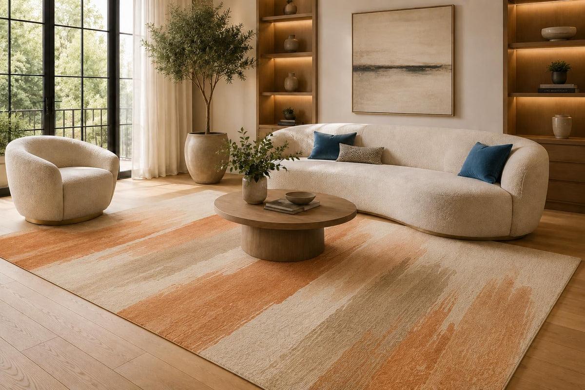 ICE ARMOR 6'7" x 9'10" Orange and Cream Abstract Brush Strokes Area Rug for Living Room, Soft Low Pile Carpet with Non-Slip Silicone Backing, Floor Decor for Bedroom, Dining Area and Home Office