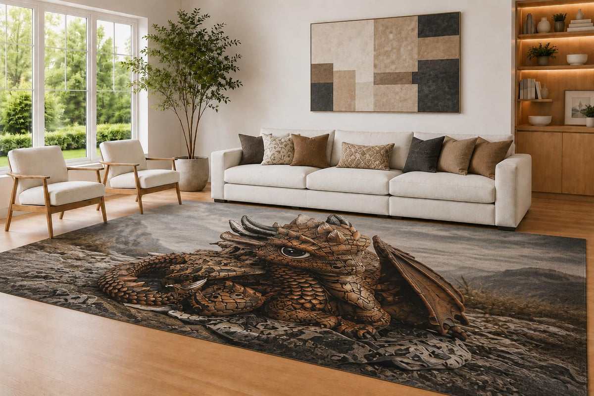 ICE ARMOR Large 6'7" x 9'10" Brown and Charcoal Baby Dragon Area Rug for Living Room, Soft Low Pile Carpet with Non-Slip Silicone Backing, Decor for Bedroom and Home Office