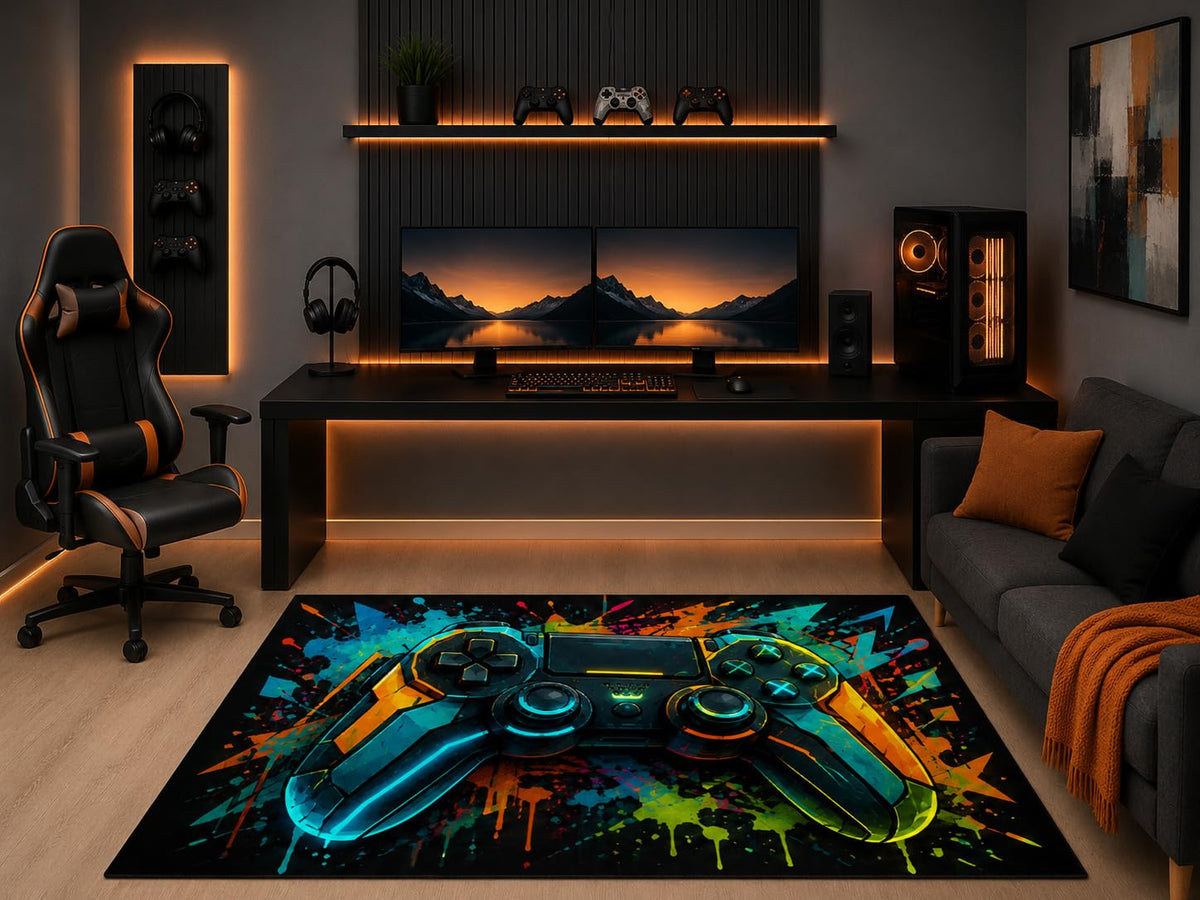 ICE ARMOR 5' x 7' Neon Gaming Controller Area Rug Cyberpunk Graffiti Gamer Room Bedroom Office Playroom Modern Decor Non-Slip Silicone Backing Low Pile
