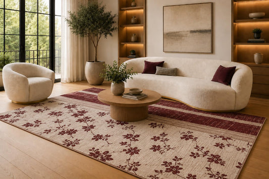 ICE ARMOR 6'7" x 9'10" Burgundy and Cream Floral Stripe Area Rug for Living Room, Soft Low Pile Carpet with Non-Slip Silicone Backing, Floor Decor for Bedroom, Dining Area and Home Office
