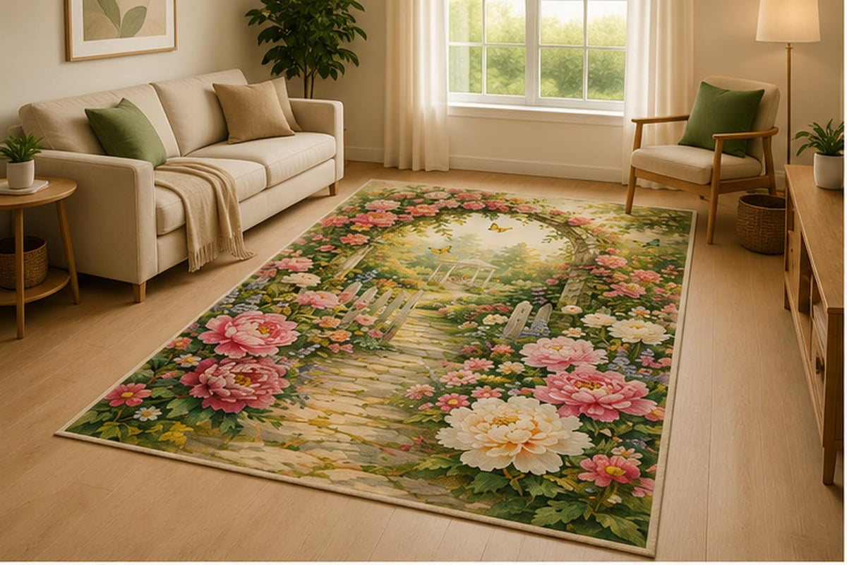 ICE ARMOR 5' x 7' Peony Garden Path Area Rug for Living Room, Soft Low Pile Indoor Rug with Non-Slip Silicone Backing, Bedroom, Family Room, Kids & Pets, Cream Pink