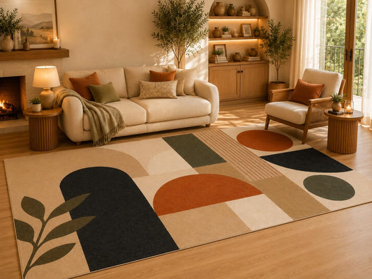 ICE ARMOR 6'7" x 9'10" Mid Century Shapes Area Rug for Living Room, Soft Low Pile Indoor Rug with Non-Slip Silicone Backing, Large Decorative Carpet for Bedroom, Dining Room and Office, Multicolored