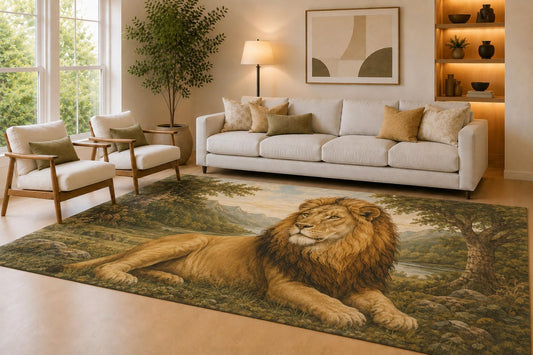 ICE ARMOR Large 6'7" x 9'10" Golden Color & Green Resting Lion Area Rug for Living Room, Soft Low Pile Carpet with Non-Slip Silicone Backing, Decor for Bedroom & Home Office