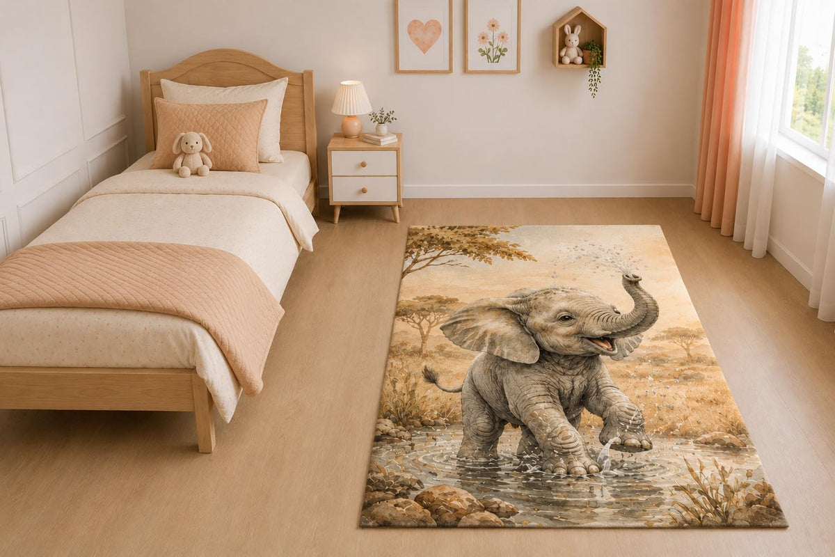 ICE ARMOR "Ultra Light Weight 5' x 7' Playful Baby Elephant Area Rug for Living Room, Bedroom and Home Office, Soft Low Pile Carpet with Non-Slip Silicone Backing, Gray and Beige