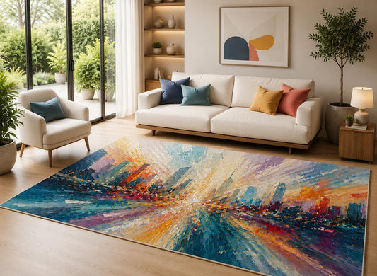 ICE ARMOR 6'7" x 9'10" Vibrant City Glow Area Rug for Living Room, Soft Low Pile Indoor Rug with Non-Slip Silicone Backing, Decorative Carpet for Bedroom, Dining Room and Office, Multicolored