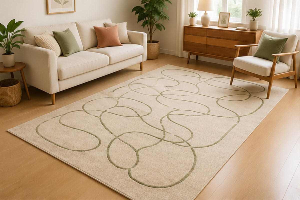 ICE ARMOR 5' x 7' Minimal Infinity Line Area Rug for Living Room, Soft Low Pile Indoor Rug with Non-Slip Silicone Backing, Modern Decorative Carpet for Bedroom, Office, Family Room, Ivory Sage Green