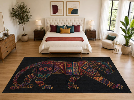 ICE ARMOR "Ultra Light Weight Large 6'7" x 9'10" Tribal Black Panther Rug, Soft Low Pile Indoor Rug, Non-Slip Silicone Backing for Bedroom Black