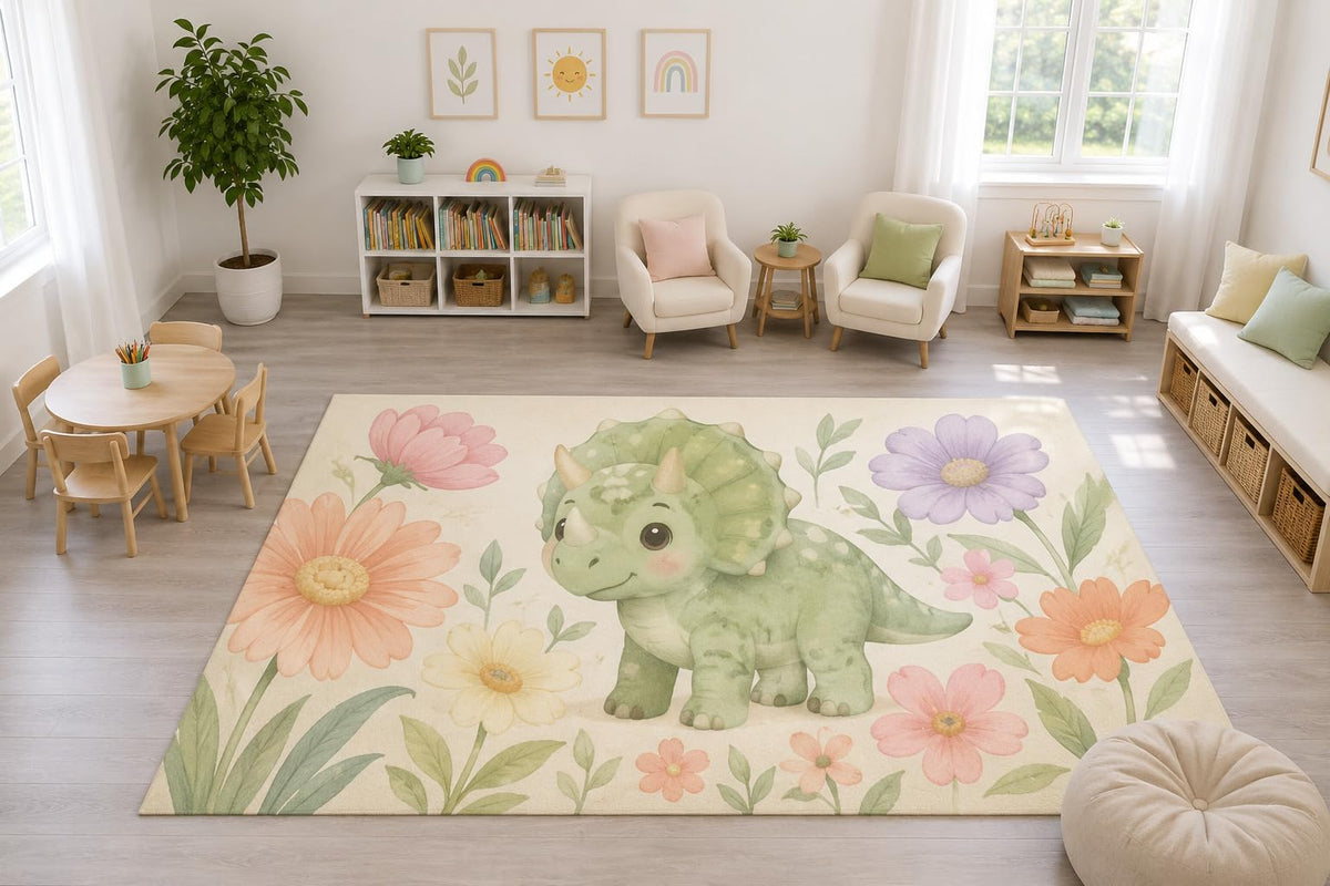 ICE ARMOR "Ultra Light Weight Large 6'7" x 9'10" Baby Triceratops Floral Rug, Soft Low Pile Indoor Rug, Non-Slip Silicone Backing Nursery Kids Cream