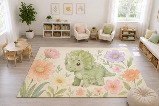 ICE ARMOR "Ultra Light Weight Large 6'7" x 9'10" Baby Triceratops Floral Rug, Soft Low Pile Indoor Rug, Non-Slip Silicone Backing Nursery Kids Cream
