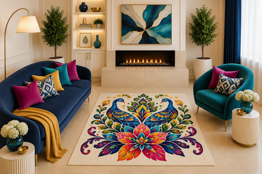 ICE ARMOR "Ultra Light Weight 5' x 7' Peacock Lotus Floral Area Rug Colorful Boho Bird Botanical Decor for Living Room Bedroom Dining Room Non-Slip Silicone Backing Low Pile