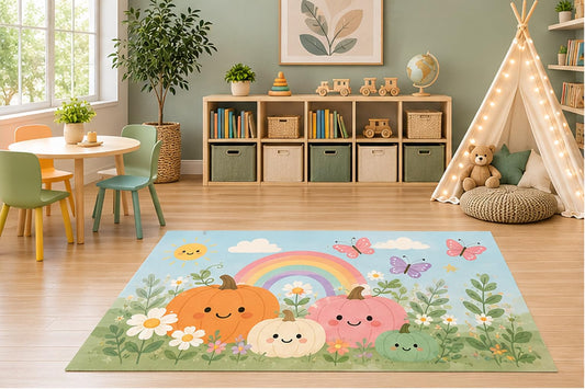 ICE ARMOR 5' x 7' Cute Pumpkin Family Rainbow Kids Area Rug, Pastel Autumn Floral Cartoon Nursery Playroom Bedroom Classroom Decor, Non-Slip Silicone Backing Low Pile