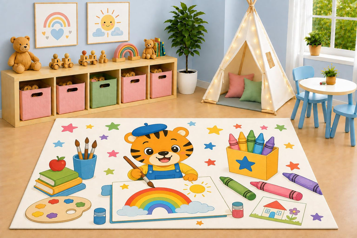 ICE ARMOR 5' x 7' Artist Tiger Area Rug, Painting Rainbow Art Classroom Creative Cartoon Kids Playroom Nursery Bedroom Rug, Non-Slip Silicone Backing Low Pile