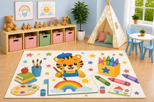 ICE ARMOR 5' x 7' Artist Tiger Area Rug, Painting Rainbow Art Classroom Creative Cartoon Kids Playroom Nursery Bedroom Rug, Non-Slip Silicone Backing Low Pile