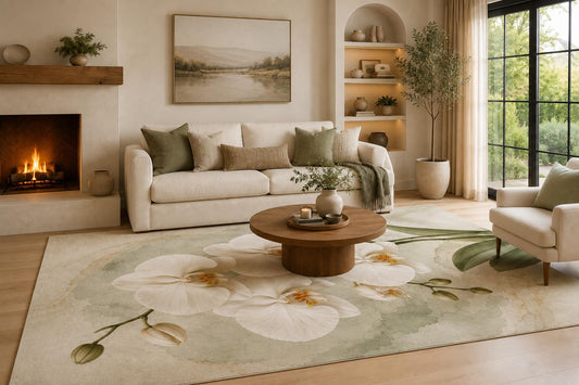 ICE ARMOR 6'7" x 9'10" Ivory and Pale Green Orchid Area Rug with Layered White Flowers and Watercolor Background, Soft Low Pile Non-Slip Indoor Carpet for Living Room and Bedroom