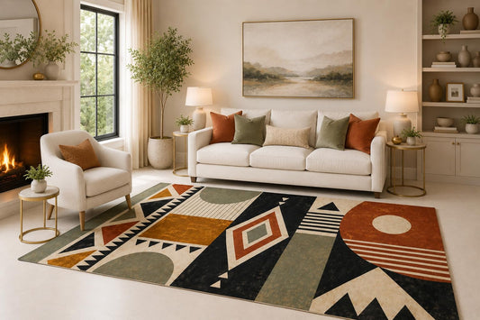 ICE ARMOR 6'7" x 9'10" Rustic Tribal Geometry Area Rug for Living Room, Soft Low Pile Carpet with Non-Slip Silicone Backing, for Bedroom, Dining Area and Office, Multicolored, Stylish Indoor Decor