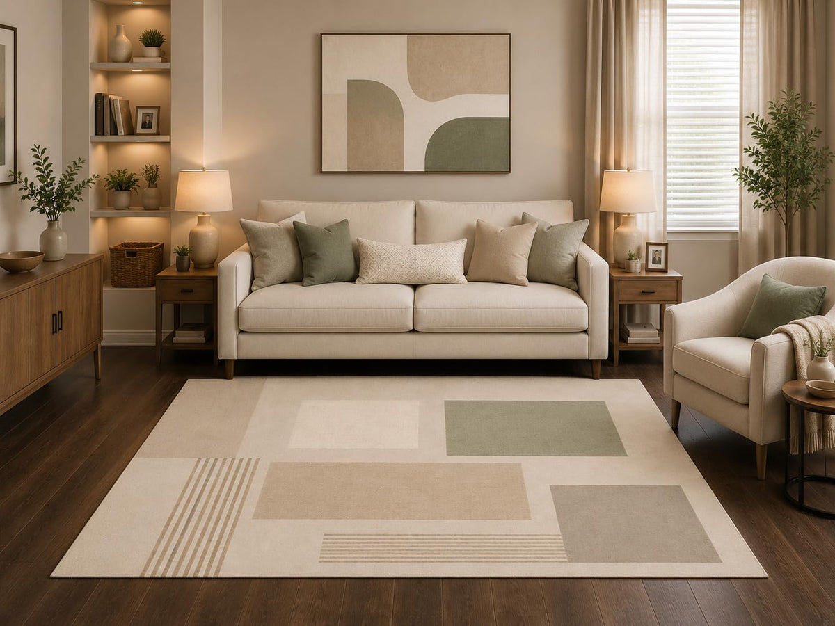 ICE ARMOR 5' x 7' Modern Scandinavian Abstract Area Rug Neutral Geometric Color Block Living Room Bedroom Office Carpet Non-Slip Silicone Backing Low Pile
