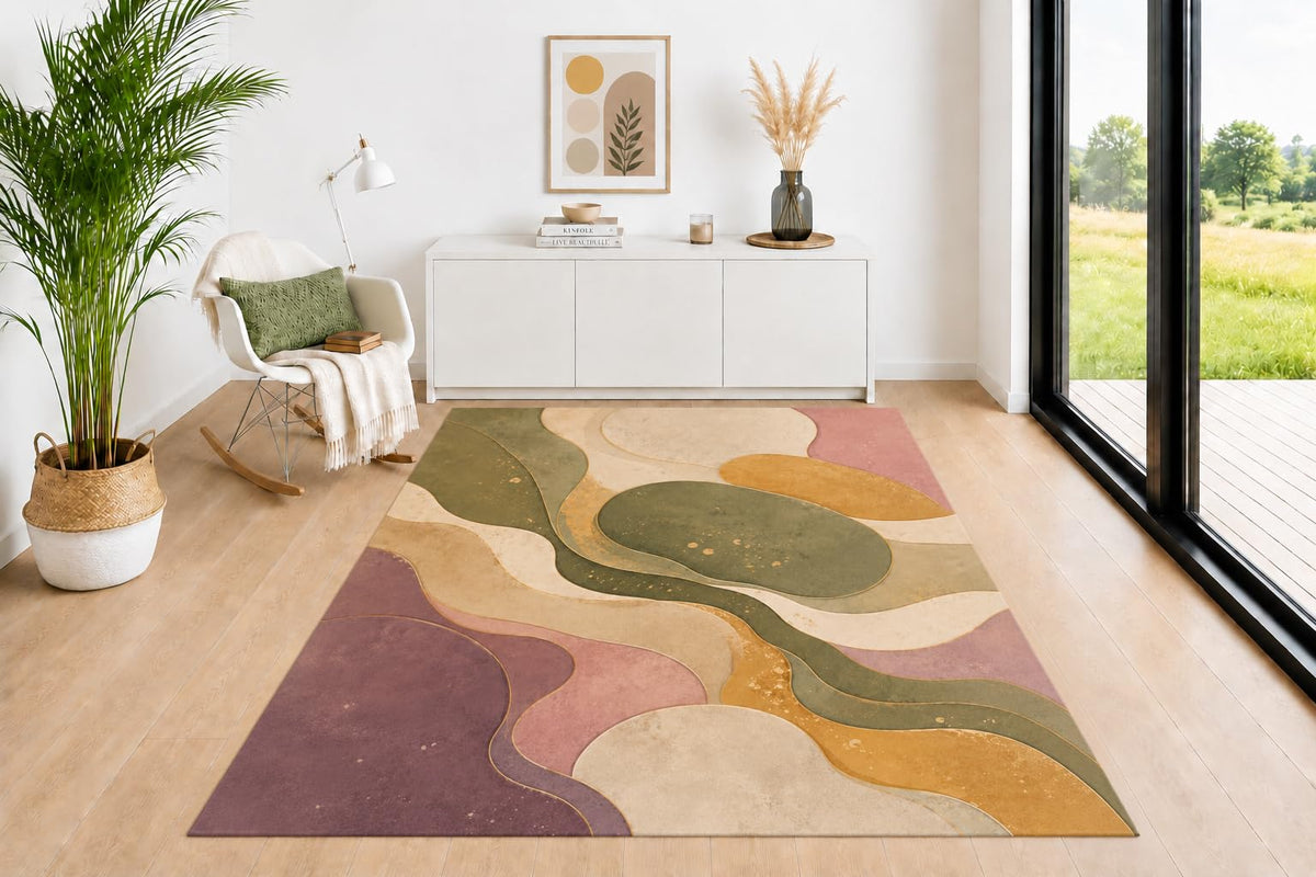 ICE ARMOR 5' x 7' Modern Area Rug, Organic Geometric Wave Pattern in Sage Green Mustard Terracotta Beige Earth Tones, Neutral Floor Carpet for Living Room Bedroom Dining Room Office Decor