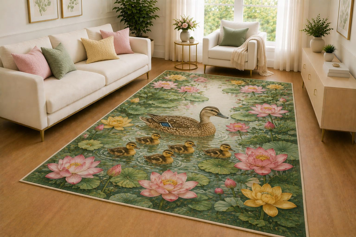 ICE ARMOR 5' x 7' Duck Family Lotus Pond Area Rug for Living Room, Soft Low Pile Indoor Rug with Non-Slip Silicone Backing, Nature Carpet for Bedroom, Nursery, Kids & Pets, Green Pink Yellow