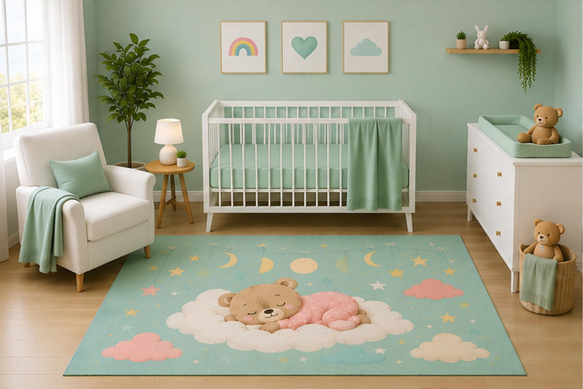 ICE ARMOR 5' x 7' Sleeping Teddy Bear Cloud Area Rug for Nursery Room, Mint Green Moon Stars Rainbow Pastel Baby Bedroom Decor, Non-Slip Silicone Backing Low Pile