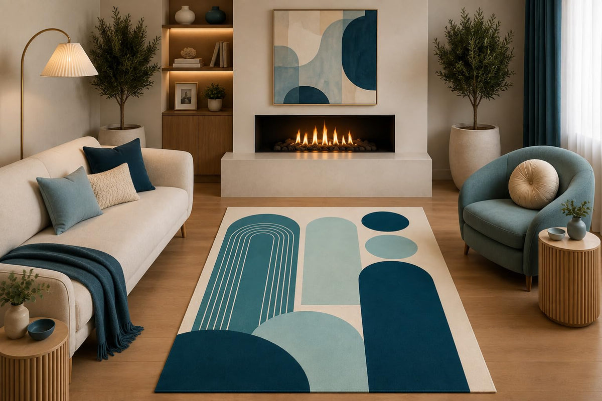 ICE ARMOR 5' x 7' Mid Century Modern Area Rug Teal Blue Cream Abstract Arch Geometric Design for Living Room Bedroom Dining Room Office Non-Slip Silicone Backing Low Pile