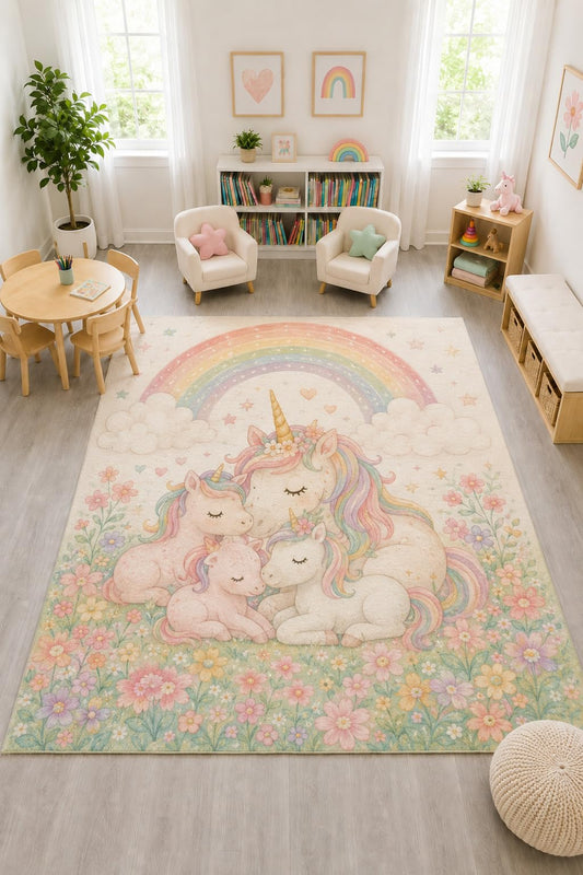 ICE ARMOR "Ultra Light Weight Large 6'7" x 9'10" Unicorn Family Rainbow Rug, Soft Low Pile Indoor Rug, Non-Slip Silicone Backing for Nursery Pink