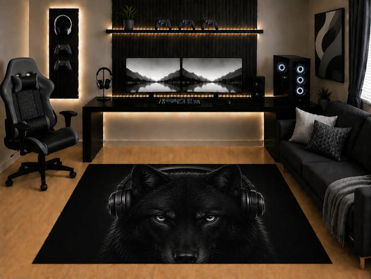 ICE ARMOR "Ultra Light Weight 5' x 7' Black Wolf Headphones Area Rug Dark Realistic Gamer Animal Art for Gaming Room Bedroom Living Room Non-Slip Silicone Backing Low Pile