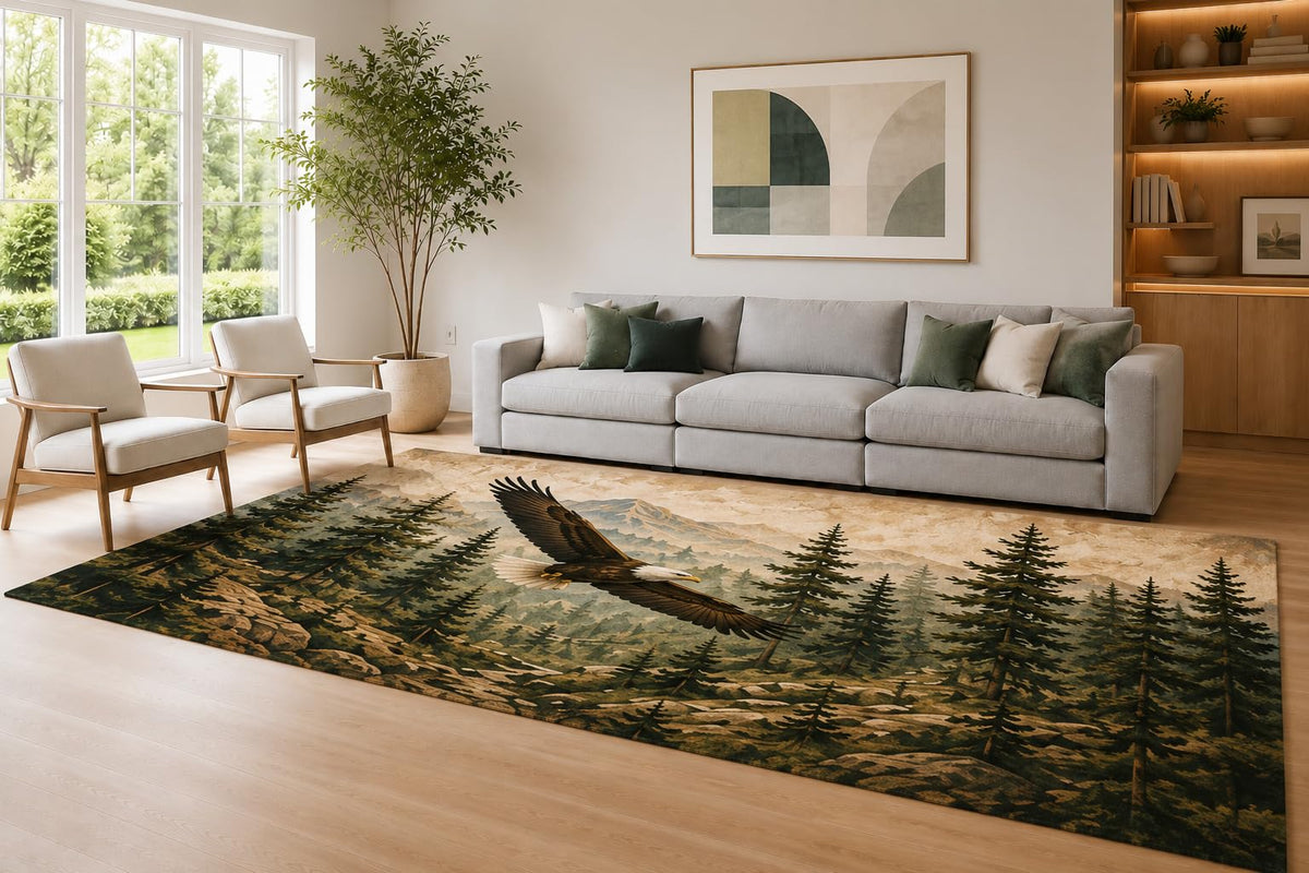 ICE ARMOR Large 6'7" x 9'10" Green and Beige Forest Flight Area Rug for Living Room, Soft Low Pile Carpet with Non-Slip Silicone Backing, Decor for Bedroom Dining Room and Home Office