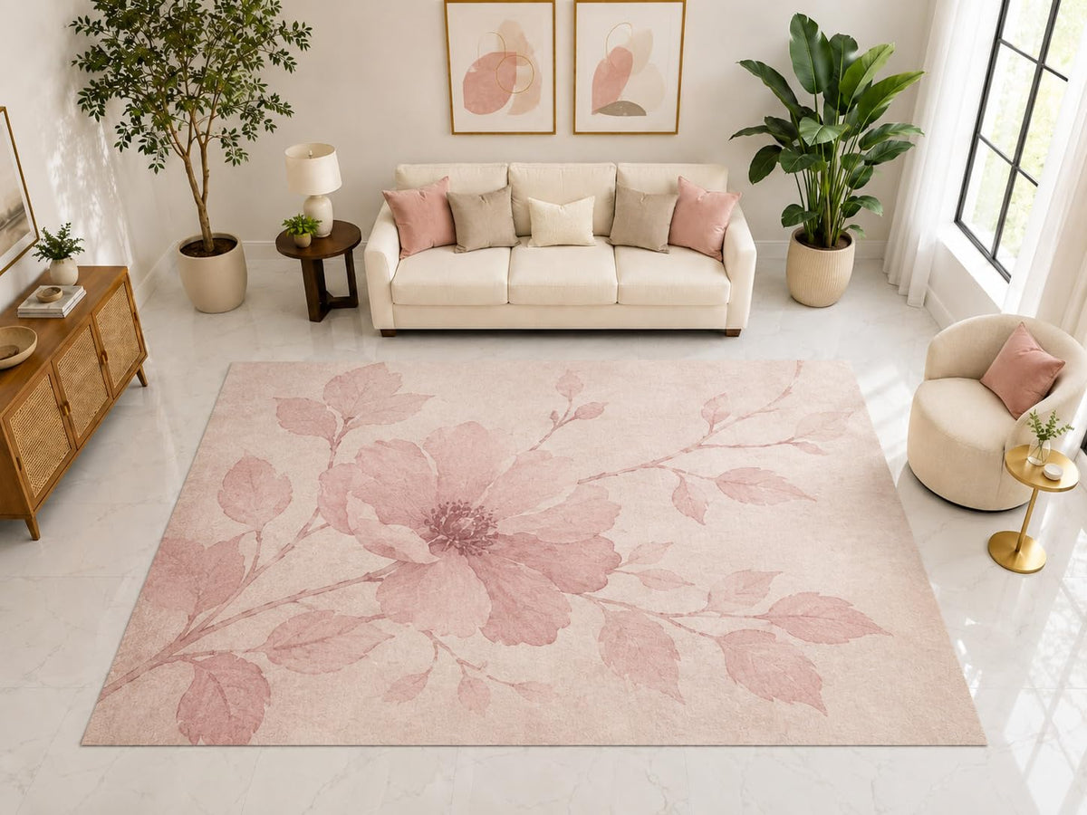 ICE ARMOR "Ultra Light Weight Large 6'7" x 9'10" Pink Wildflower Rug, Soft Low Pile Indoor Rug, Non-Slip Silicone Backing for Bedroom Blush Pink