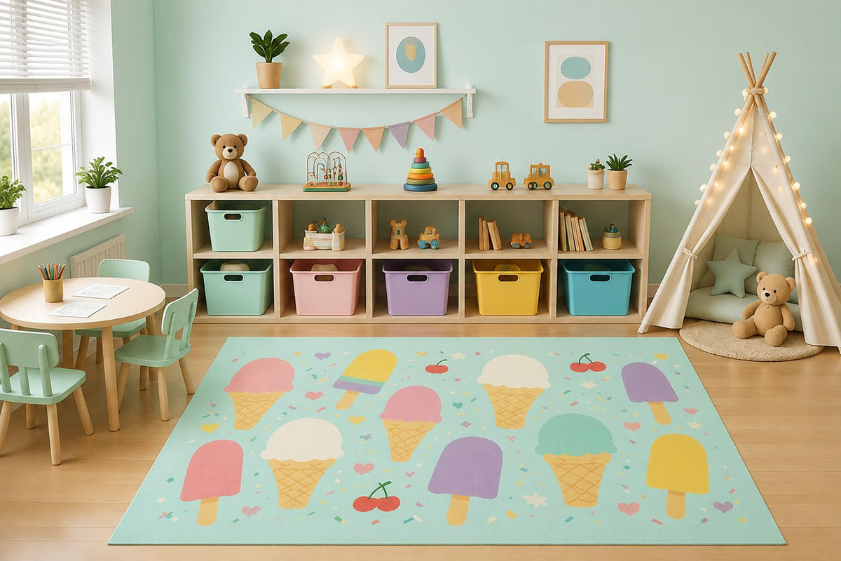 ICE ARMOR 5' x 7' Cute Ice Cream Popsicles Area Rug for Kids Playroom Nursery Bedroom, Sweet Dessert Pastel Cartoon Treat Carpet, Non-Slip Silicone Backing Low Pile