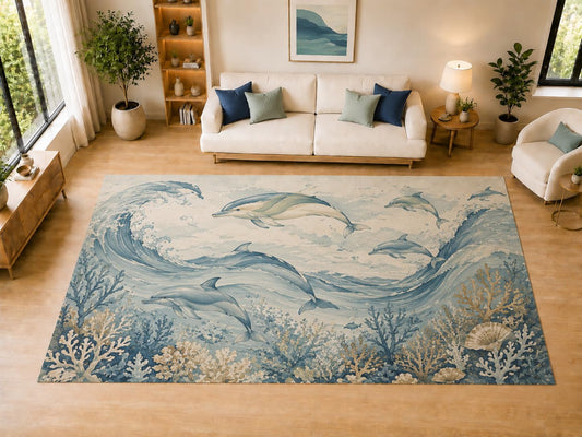 ICE ARMOR "Ultra Light Weight Large 6'7" x 9'10" Dolphin Ocean Wave Decor, Living Room, Bedroom, Dining Room, Office, Family Room, Soft Low Pile Indoor Rug, Non-Slip Silicone Backing, Blue