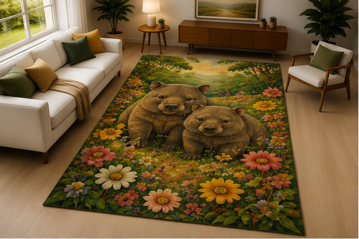 ICE ARMOR 5' x 7' Bear Family Wildflower Area Rug Soft Low Pile Indoor Rug with Non-Slip Silicone Backing Woodland Animal Carpet for Living Room Bedroom Family Room Kids and Pets Green Brown