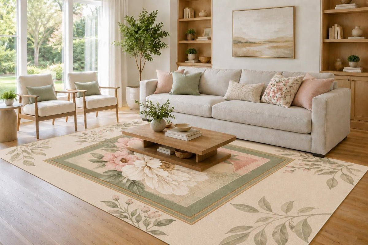 ICE ARMOR Large 6'7" x 9'10" Blush and Sage Green Framed Garden Bouquet Area Rug for Living Room, Soft Low Pile Carpet with Non-Slip Silicone Backing, Decor for Bedroom and Home Office