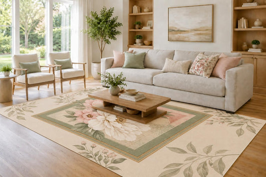 ICE ARMOR Large 6'7" x 9'10" Blush and Sage Green Framed Garden Bouquet Area Rug for Living Room, Soft Low Pile Carpet with Non-Slip Silicone Backing, Decor for Bedroom and Home Office