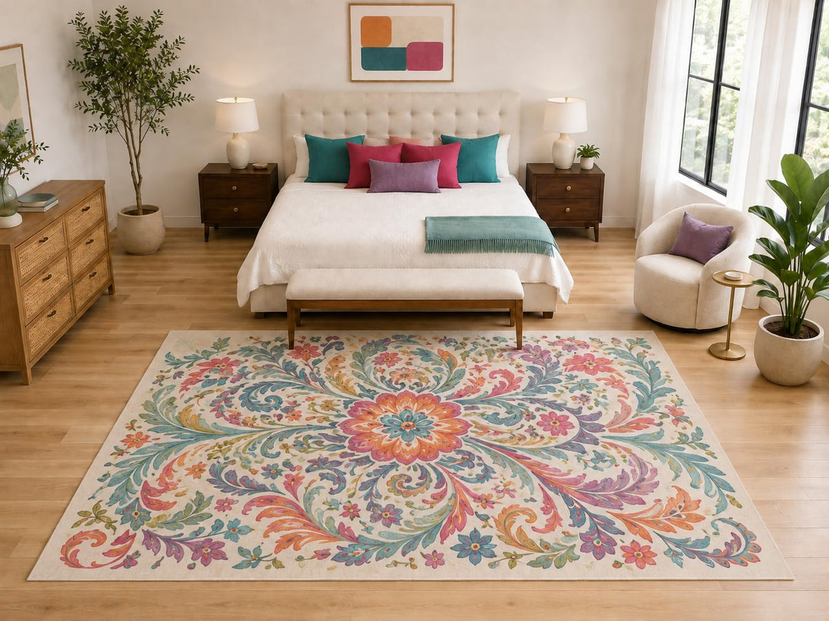 ICE ARMOR "Ultra Light Weight Large 6'7" x 9'10" Boho Mandala Medallion Rug, Soft Low Pile Indoor Rug, Non-Slip Silicone Backing for Living Room Beige